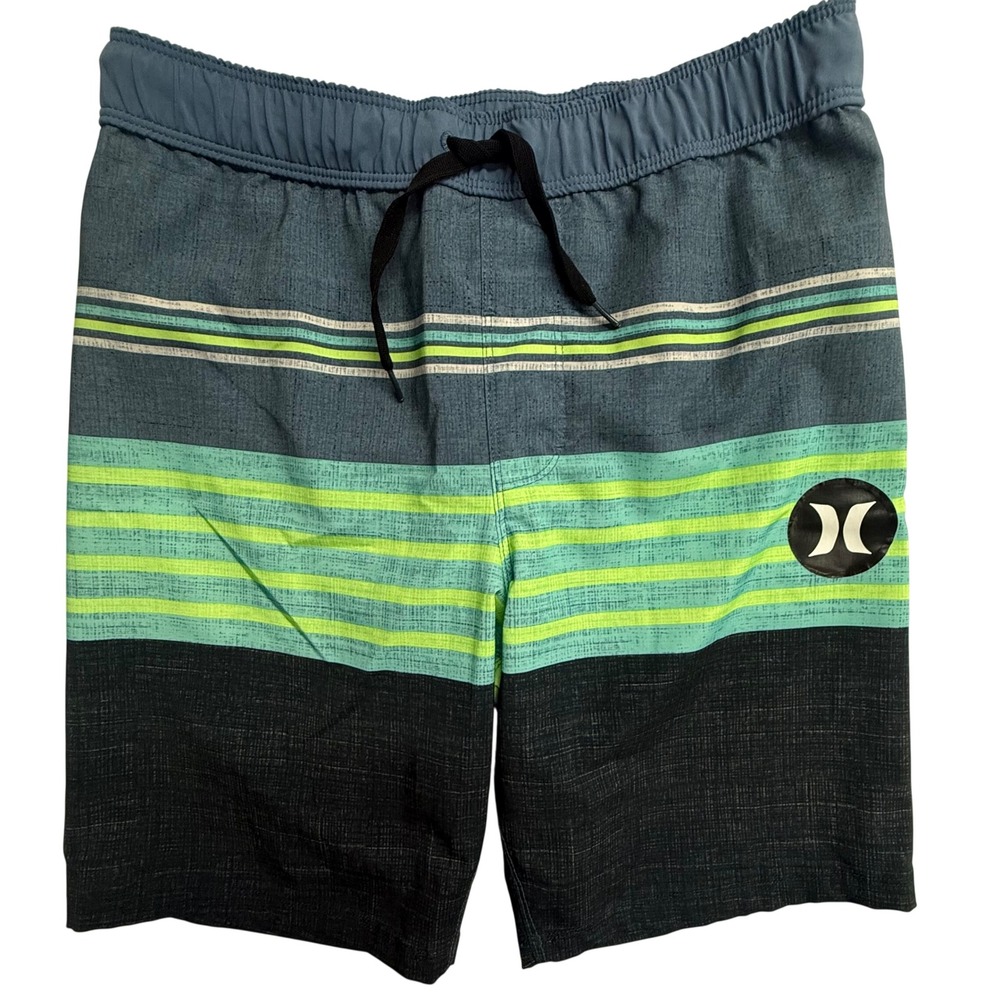 Hurley Boys Blue Green Striped Board Shorts Swim Trunks Size 10/12 L 5888-B6Z